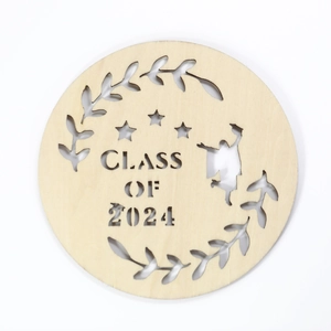 Class of 2024 wooden graduation ornament with laser cut stars and laurel wreath