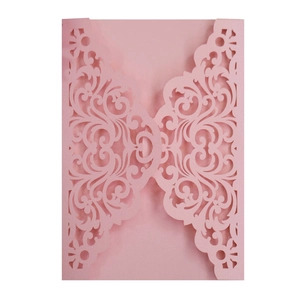 Pink laser-cut wedding invitation sleeve with elegant European floral hollow-out pattern