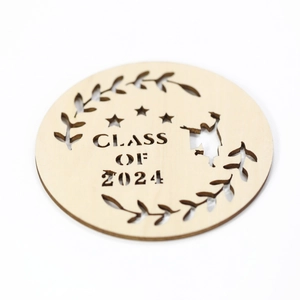Class of 2024 wooden laser-cut ornament with laurel leaves and graduation silhouette