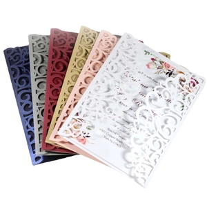 Laser cut wedding invitation covers in six colors with intricate floral hollow patterns