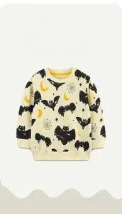 Close-up of soft ribbed neckline on pure cotton sweatshirt with Halloween cartoon prints