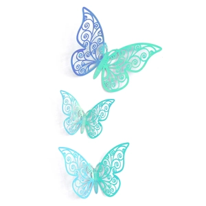 Detail of 3D hollow butterfly wall stickers with blue green gradient finish