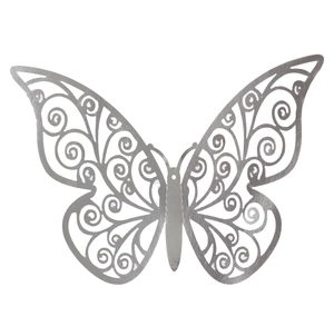 Detailed close-up of 3D hollow butterfly wall sticker with silver mirror finish texture