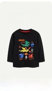 Close-up of colorful dinosaur cartoon print on a black long sleeve cotton t-shirt