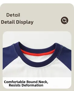 Detailaufnahme des Rundhalsausschnitts und der Raglanärmel bei einem Jungen-T-Shirt