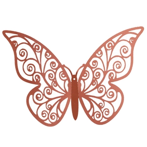 Detailed view of rose gold hollow butterfly wall sticker with intricate swirl vine pattern