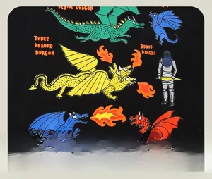 Close-up of vibrant cartoon flying dragon and knight print on black cotton t-shirt