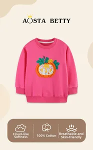 Detailed embroidery of rabbit and pumpkin on pink cotton sweatshirt for girls
