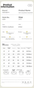Detailed size chart and washing care guide for girls' 100% cotton Halloween sweatshirt