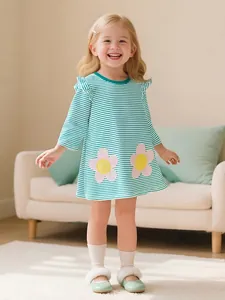 Vestito da Bambina a Maniche Lunghe in Cotone a Righe Con Applicazione di Fiori Vestito da Principessa per Feste Bambini
