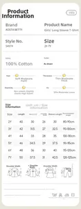 Guide des tailles pour t-shirt manches longues fille en coton avec mesures et entretien