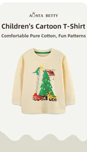Detail of soft cotton kids t-shirt showing cartoon dinosaur and excavator Christmas print
