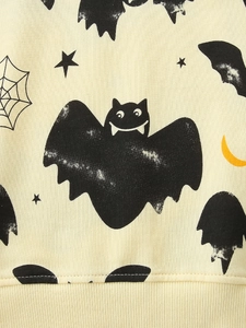 Boys Halloween sweatshirt featuring cute black bat prints and ribbed cuffs on beige fabric