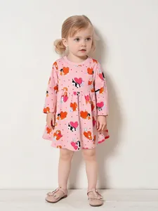 Robe de Princesse pour Filles Imprimé Animaux Dessin Animé et Cœurs Manches Longues Coton Automne Vêtements Décontractés Enfants