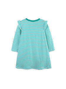 Abito bambina a trapezio a maniche lunghe a righe verdi e bianche con volant sulle spalle