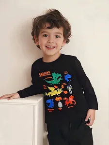 Boys Cotton Long Sleeve Dinosaur Print T-shirt Fashion European Style Autumn Toddler Base Layer Shirt Casual Top Black