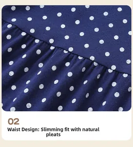 Close-up of blue polka dot dress featuring detailed waist pleats and cotton fabric texture