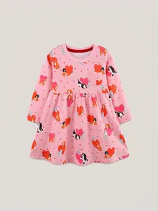 Robe princesse à manches longues pour fille en coton rose avec motifs de chien et cœur
