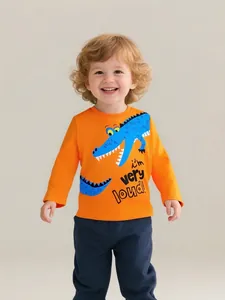 Boys Fashion Long Sleeve T-Shirt 100% Cotton Cartoon Crocodile Print Orange Pullover Casual Base Shirt Autumn Clothing