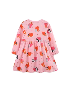 Robe à manches longues pour filles en coton rose avec motifs de chiens et cœurs