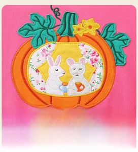 Detail of pumpkin and bunny embroidery on pink cotton sweatshirt for girls