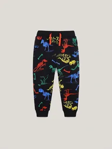 Pantalon Jogging Enfant avec Imprimé Squelette de Dinosaure Coton Noir Pantalon de Sport Souple avec Poignets pour Garçons