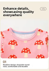 Détail du col rond côtelé d'une robe rose pour enfant avec motifs de champignons