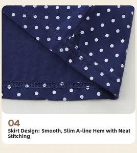 Detailed close-up of blue polka dot dress hem with high-quality stitching and A-line cut