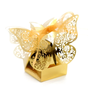 Detailed laser-cut gold butterfly favor box with rose patterns and ribbon decoration