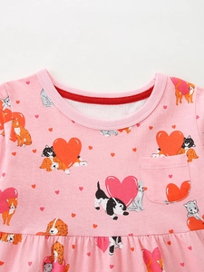 Robe rose à manches longues pour filles en coton avec imprimé mignon chat et chien