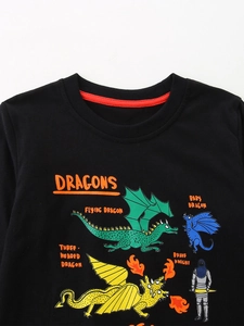 Boys black long sleeve cotton T-shirt featuring colorful dinosaur and knight print design