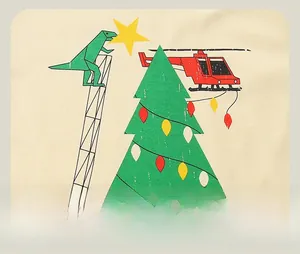 Detail of cartoon Christmas tree and dinosaur print on beige long sleeve kids T-shirt
