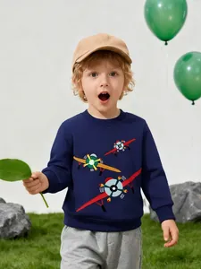 Felpa a Maniche Lunghe in Cotone per Ragazzi Blu Navy Cartoon Aereo Ricamato Girocollo Pullover Casual Top per Bambini 2-7A