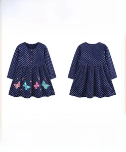 Front and back flat lay view of girls navy blue polka dot dress with butterfly embroidery