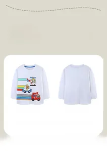 Detail of white cotton long-sleeve kids' T-shirt with helicopter and lion vehicle print