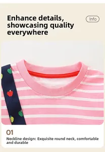 Détail du col rond et de la broderie pomme sur la robe en coton à rayures roses