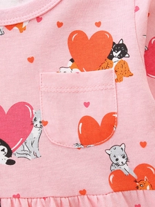 Robe rose en coton pour fille avec imprimés de chats mignons et petite poche