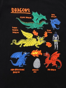 Kids long sleeve black cotton T-shirt featuring colorful cartoon dragon and knight prints