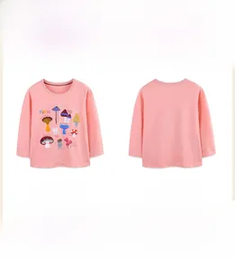 T-shirt rose manches longues fille avec imprimé champignon vues de face et de dos