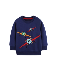 Felpa blu scuro per bambini con girocollo e ricami colorati di aeroplani vivaci