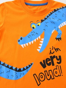 Orange long-sleeved kids' cotton T-shirt with cartoon crocodile and 'I'm very loud' print