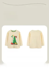 Front and back view of kids' beige long sleeve T-shirt with festive Christmas dinosaur prints
