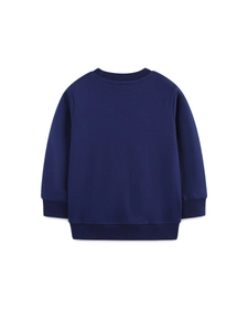 Felpa blu navy girocollo per bambini con polsini a costine su sfondo bianco