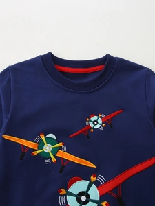 Sweatshirt bleu marine pour enfants avec broderie avion et col rond en maille côtelée