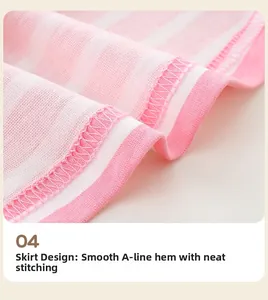 Détail de l'ourlet de robe rayée trapèze pour fille avec coutures soignées et tissu en coton