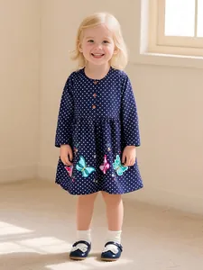Girls Long Sleeve 100% Cotton Princess Dress Butterfly Embroidery Polka Dot Fashion Toddler Autumn Casual Party Clothing