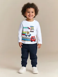 Kids Boys Long Sleeve T-Shirt Cotton Toddler Cartoon Animal Vehicle Print Pullover Casual Autumn White Crew Neck Top