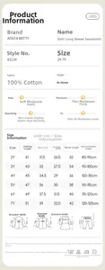 Detailed size chart for girls cotton bunny sweatshirt showing measurements for ages 2Y to 7Y