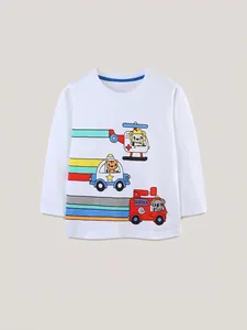 White long-sleeved kids T-shirt featuring colorful cartoon animals driving vehicles