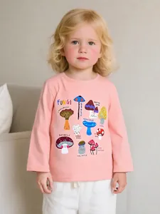 T-Shirt en Coton à Manches Longues pour Filles Imprimé Champignons Col Rond Pullover Automne Haut Rose pour Enfants